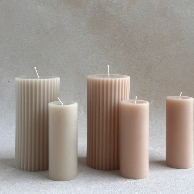Beeswax Fluted Pillar Candle_Small Pillar Candle_Events Wedding Wholesale. Soft Salt White and Pale Rosewater Blush
