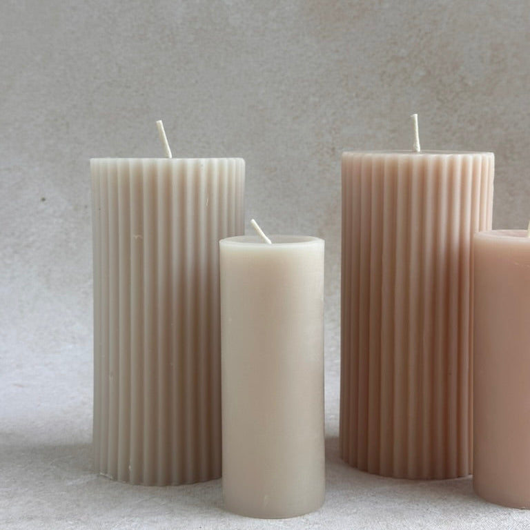 Beeswax Fluted Pillar Candle_Small Pillar Candle_Events Wedding Wholesale. Soft Salt White and Pale Rosewater Blush